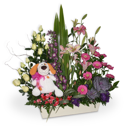 Delicado Arreglo floral de Rosas, Gerberas y Lilies | FIESTA - Envío de Arreglos florales Laurel Floristería
