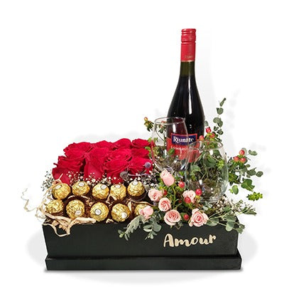 Rosas Premium con vino y chocolates | TOGETHER