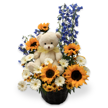 Exquisito arreglo floral con Girasoles y Oso de peluche | GENIAL - Envío de Arreglos florales Laurel Floristería