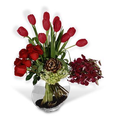 Bouquet Rosas Rojas y Orquídeas Oro | BE MINE - Envío de Arreglos florales Laurel Floristería